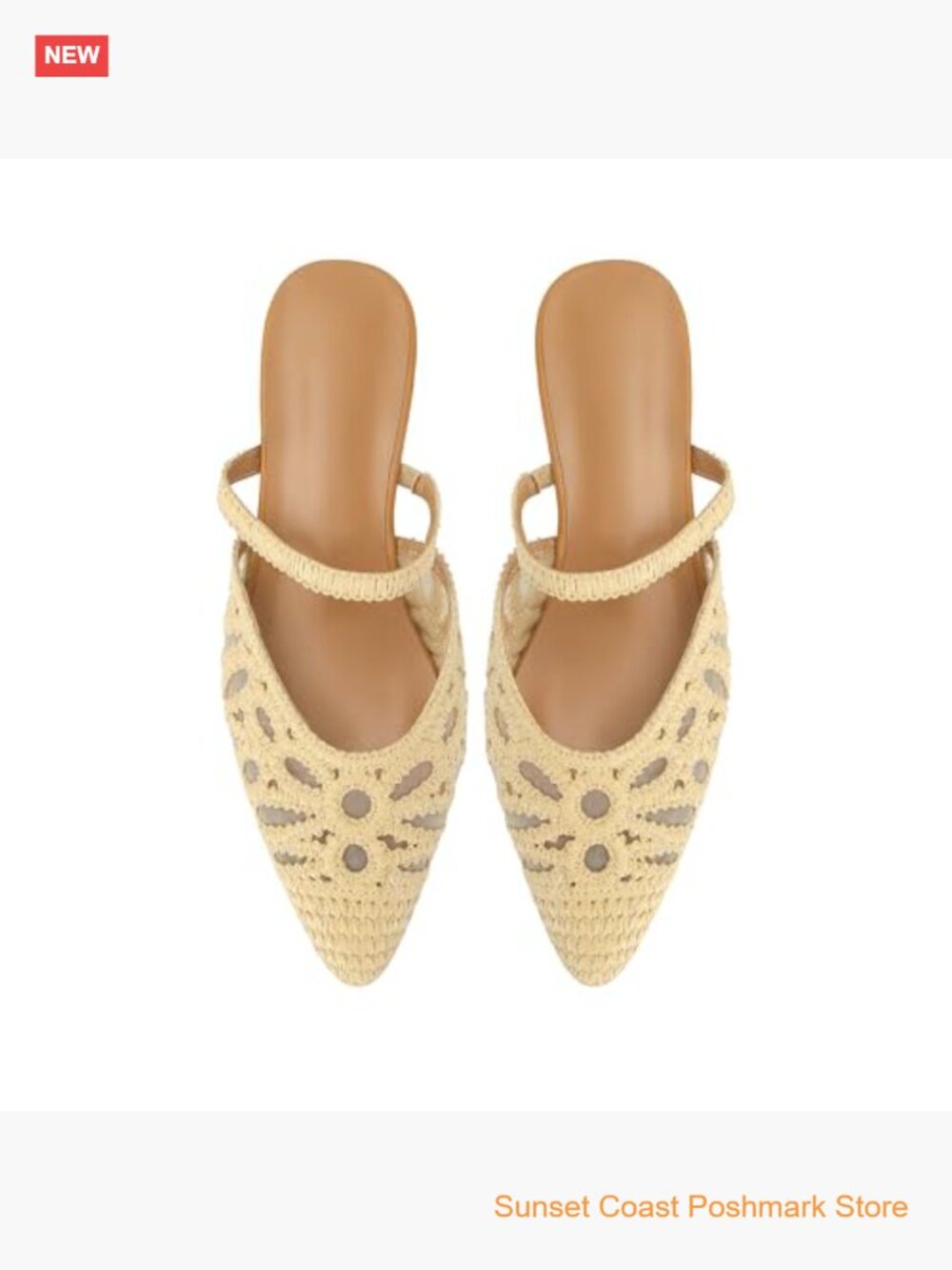 Mesh Mules with Raffia Woven Strap Pointed Toe Slip On Flats - Picture 6 of 7